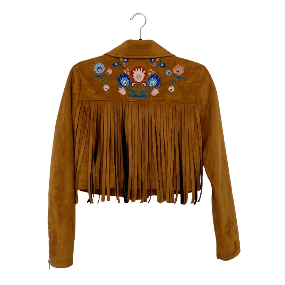 Pretty little thing suede fringe jacket with back embroidery